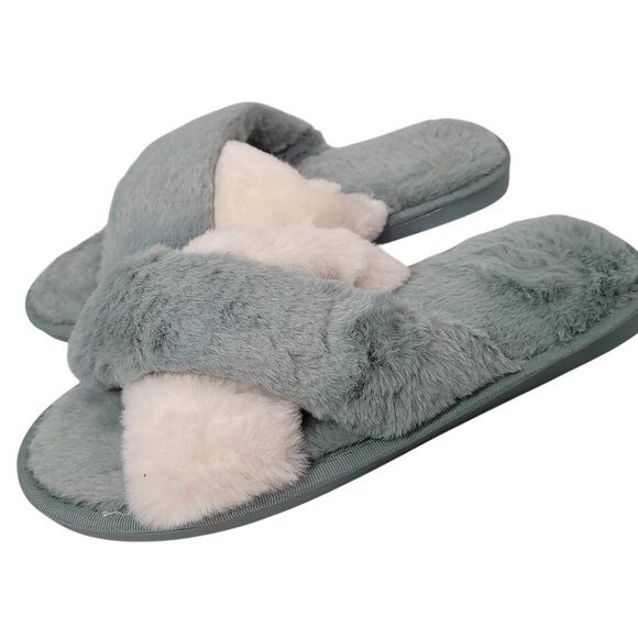 Women's Blue & White Cross-Strap Faux Fur Slide Slippers Size 11 - Picture 2 of 7